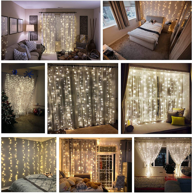 Magictec 300 LED Curtain String Light, 8 Lighting Modes Fairy Twinkle String Lights Wedding Party Home Garden Bedroom Outdoor Indoor Wall Decorations, Warm White