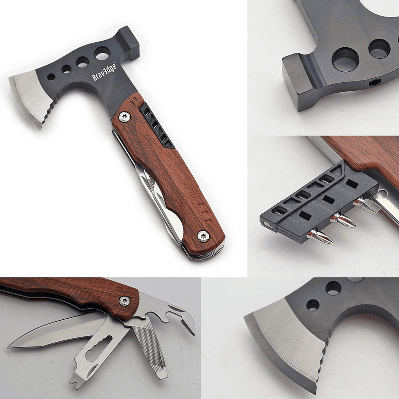 Multitool Axe, Bravedge 12 in 1 Pocket Hatchet Gifts for Men, Camping Tool Survival Gear with Knife, Hammer, Opener, Screwdriver Kit, Cool Gadgets Unique Gifts for Dad Multi Tool for Camping, Survival