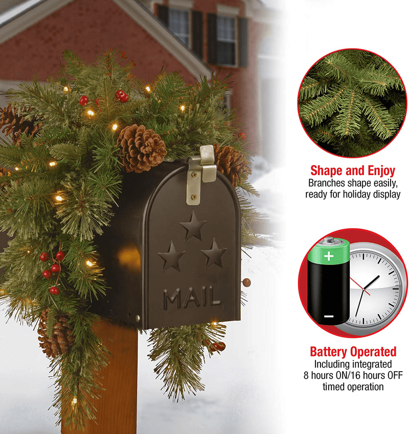 National Tree Company Pre-lit Artificial Christmas Mail Box Swag Flocked with Mixed Decorations and White LED Lights Colonial-36 Inch