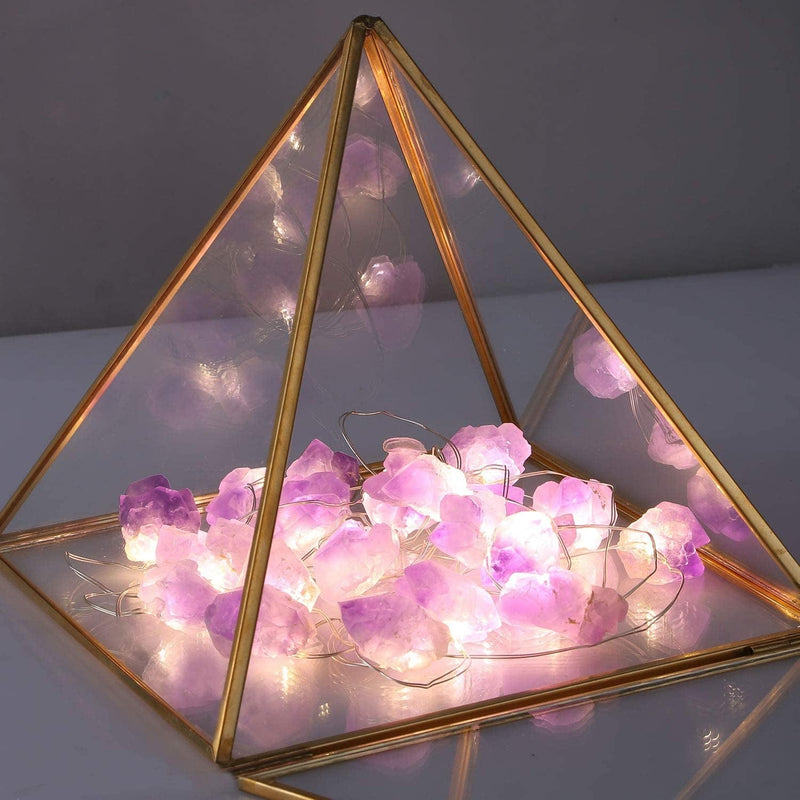 Natural Amethyst Decorative Lights Crystal String Lights Raw Stones 8.5Ft 20Leds with Remote Control, Hanging Healing Reiki Ornaments Battery Operated for Room Wedding Valentines Day Decor