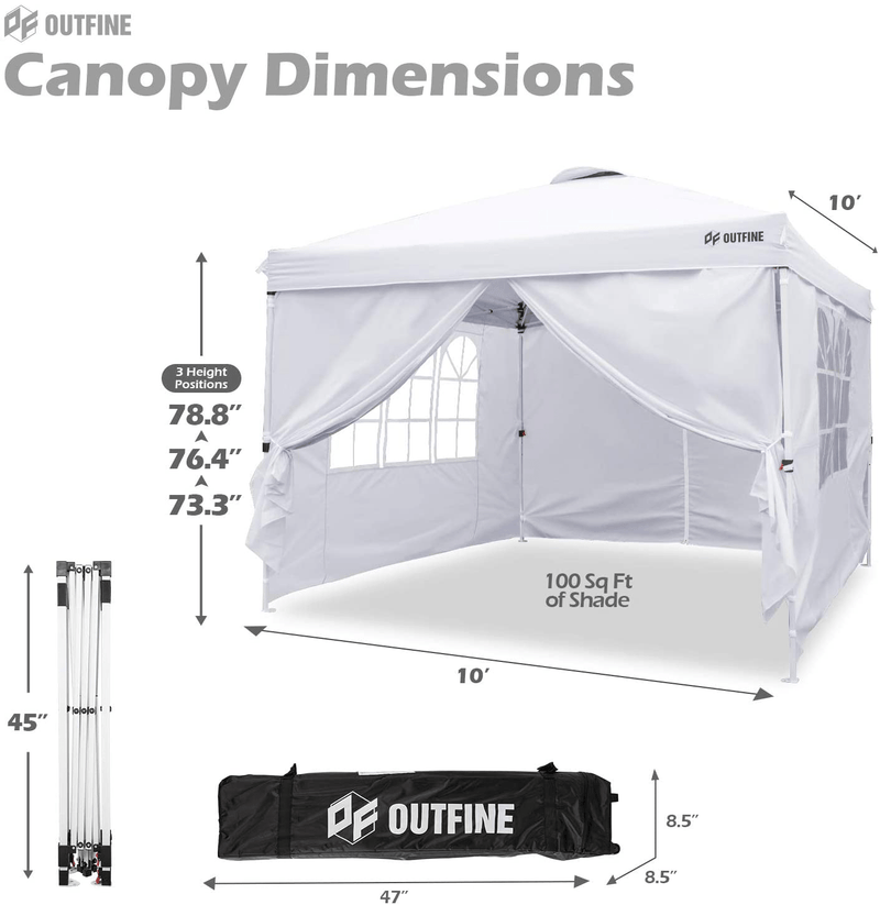 OUTFINE Canopy 10'x10' Pop Up Commercial Instant Gazebo Tent, Fully Waterproof, Outdoor Party Canopies with 4 Removable Zippered Sidewalls, Stakes x8, Ropes x4 (White, 1010FT)