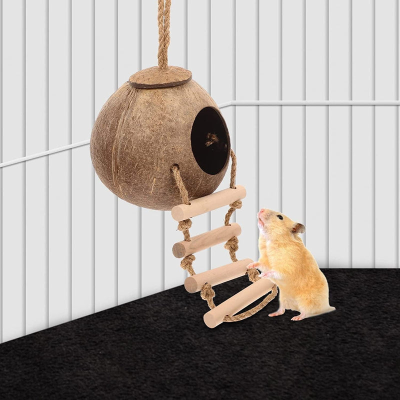 PATKAW Hamster Coir Nest 43X13X13Cm Coconut Hut Natural Coconut Hamster Hideout Ladder Coconut Shell Nest Hanging Hamster House Bed Small Animal Cage Nest Accessories