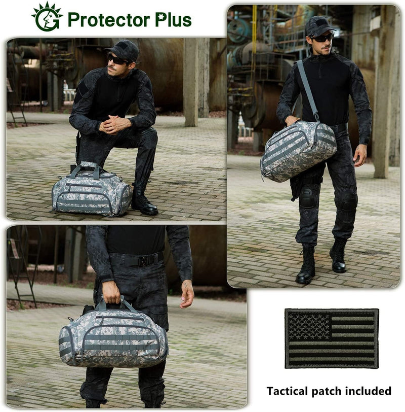 Protector plus Tactical Duffle Bag Men Sports Gym Backpack Military MOLLE Luggage Suitcase Travel Camping Outdoor Rucksack (Rain Cover & Patch Included), ACU, 45L