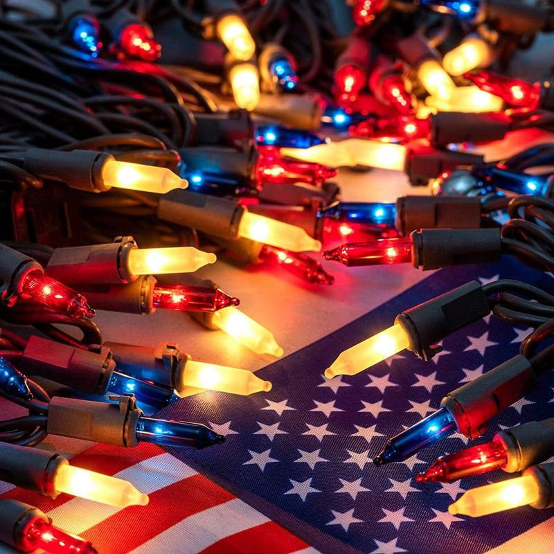 Red White & Blue String Lights with Brown Wire, 66 Ft 200 Count UL Certified Christmas Lights, Pack of 2 Sets 33 Ft 100 Mini Light Set for Independence Day Patriotic Holidays (Red White & Blue)