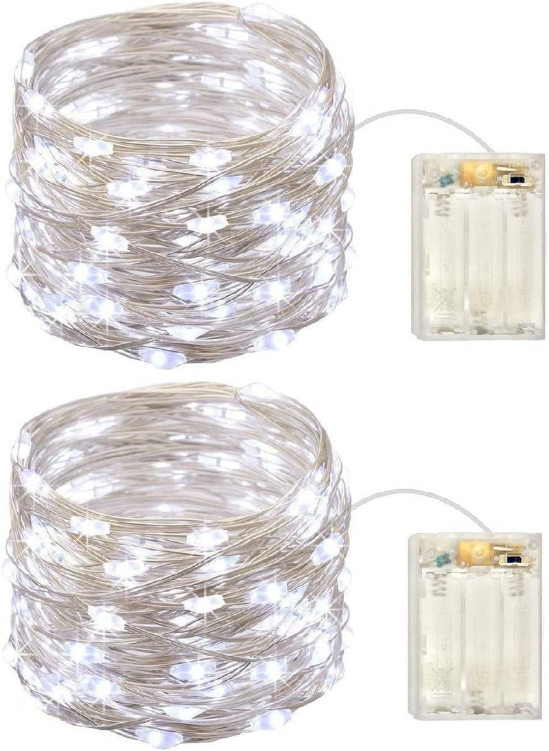 Set of 2 Battery Operated Mini Led Fairy Light Dewdrop Lights with Timer 6 Hours On/18 Hours off for Wedding Centerpiece Halloween Christmas Party Decorations,50 Leds,18 Feet Silver Wire (Warm White)