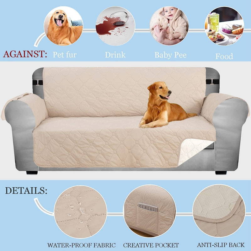 SHILV. HOME Waterproof Quilted Sofa Slipcover, Anti-Slip Silicone Backing Sofa Cover, Easy Fit Couch Cover Washable Furniture Protector with Elastic Straps for Pets Dogs Kids (Beige,Oversize)
