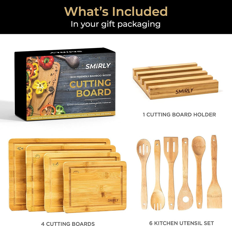 SMIRLY Bamboo Cutting Boards for Kitchen - Bamboo Cutting Board Set, Chopping Board Set - Wood Cutting Board Set with Holder - Wooden Cutting Board Set (Large & Small)