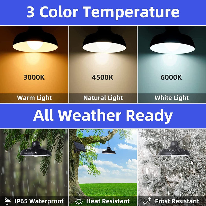 Solar Pendant Lights Indoor - Outdoor Solar Shed Lights with Remote 3 Color Temperature Light, Adjustable Brightness Lighting, IP65 Waterproof Solar Barn Lamp for Home Shed Barn Patio Garden Yard