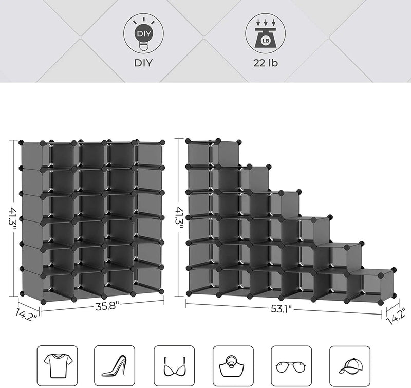 SONGMICS Shoe Rack, 24-Cube Plastic Shoe Storage Organizer Unit, Modular Cabinet, Space Saving for Entryway Hallway Living Room Bathroom, 53.1 X 14.2 X 41.3 Inches, Gray ULPC046G01