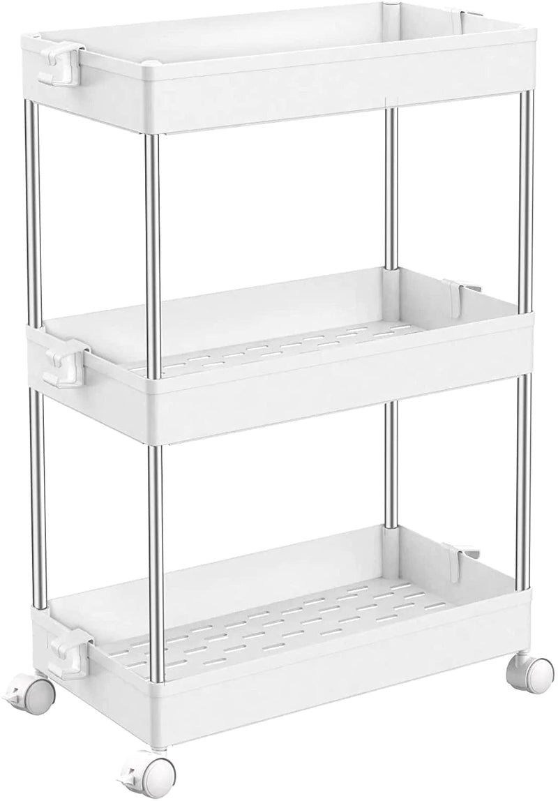 SPACEKEEPER Slim Storage Cart, 3 Tier Bathroom Organizers Rolling Utility Cart Slide Out Storage Shelves Mobile Shelving Unit Organizer for Office, Kitchen, Bedroom, Bathroom, Laundry Room, White