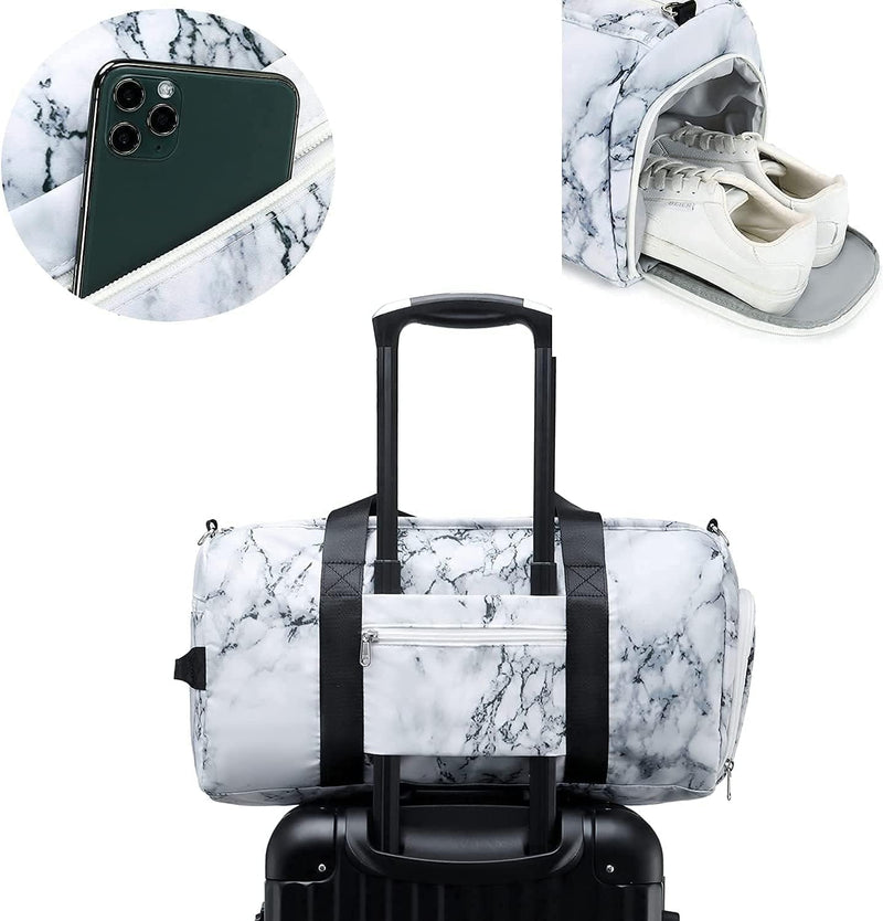 Sport Gym Duffle Travel Bag for Men Women Duffel with Shoe Compartment, Wet Pocket (Marble-White)