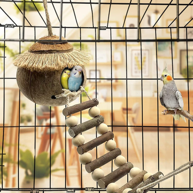 Tfwadmx Hanging Bird House with Ladder Natural Coconut Fiber Birds Nest Coco Shell Hideaway Lovebird Swing Toys Parrot Cage Accessories for Parakeet Finch Parrot Canary