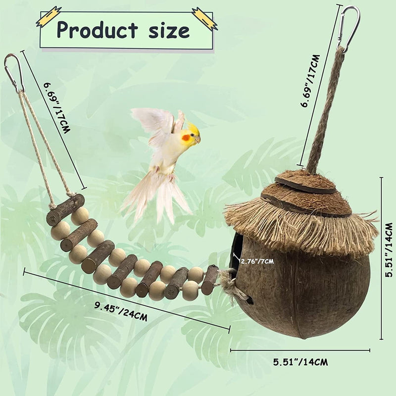 Tfwadmx Hanging Bird House with Ladder Natural Coconut Fiber Birds Nest Coco Shell Hideaway Lovebird Swing Toys Parrot Cage Accessories for Parakeet Finch Parrot Canary