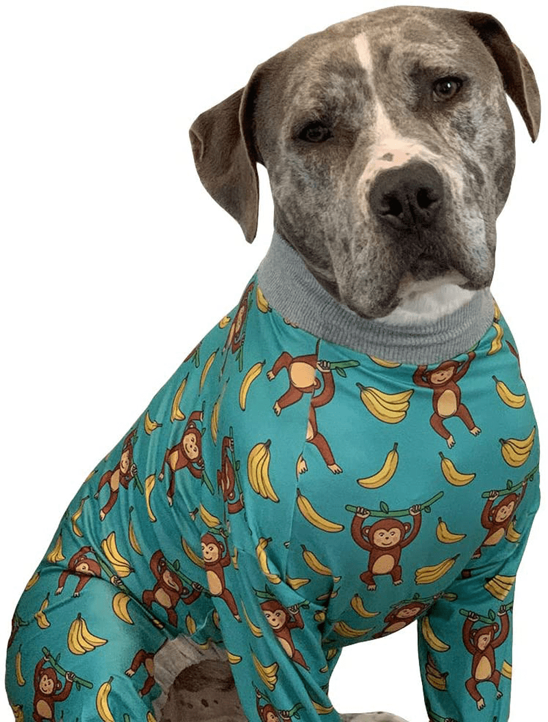 Tooth and Honey Pitbull Pajamas/Monkey Banana Print Dog Onesie Jumpsuit Full Coverage Lightweight Pullover Dog Pjs
