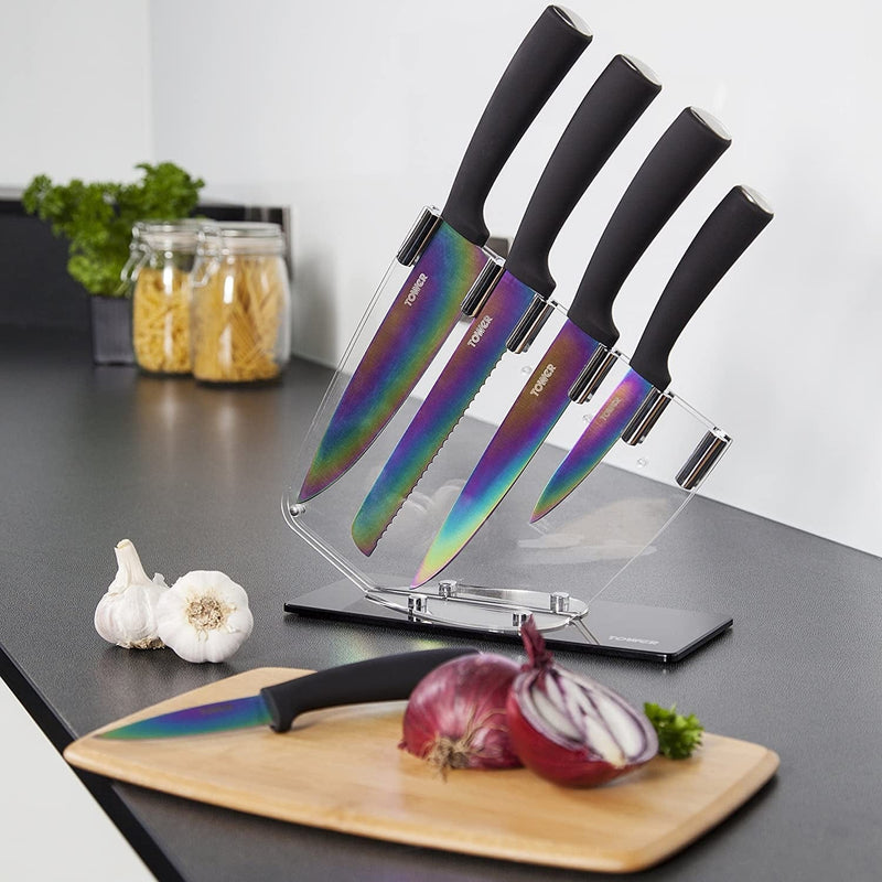 TOWER T80703 Kitchen Set with Acrylic Knife Block, Multi-Coloured Blades with Black Handles, 5-Piece