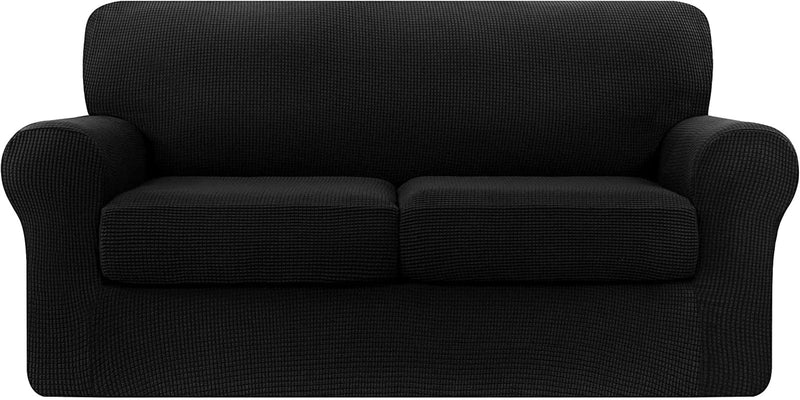 TOYABR 3 Pieces Sofa Slipcover Removable Couch Cover with 2 Separate Cushions, Washable Loveseat Slipcovers, High Stretch Soft Furniture Protector for Pets and Kids (Medium,Black)