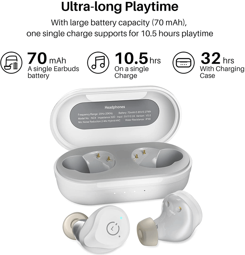 TOZO NC9 Hybrid Active Noise Cancelling Wireless Earbuds, ANC in Ear Headphones IPX6 Waterproof Bluetooth 5.0 Stereo Earphones, Immersive Sound Premium Deep Bass Headset,White