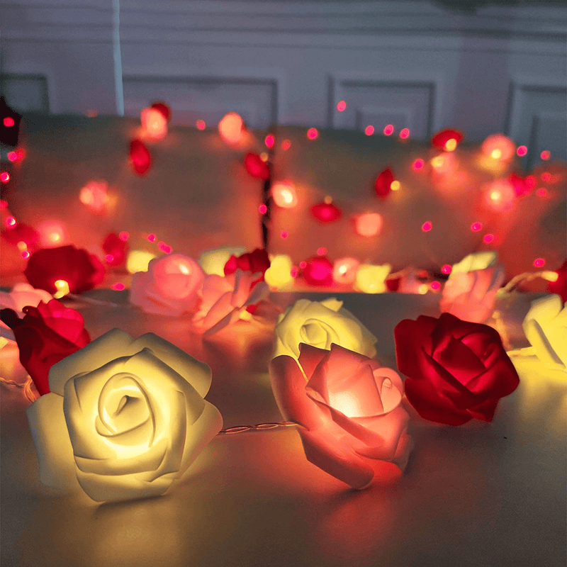 TURNMEON 10Ft 30Led Rose Light Valentines Day Decoration Flower String Lights Red Pink White Rose Battery Power Artificial Flowers Garland Lights Indoor Outdoor Decor Valentines Home Party(Warm White)