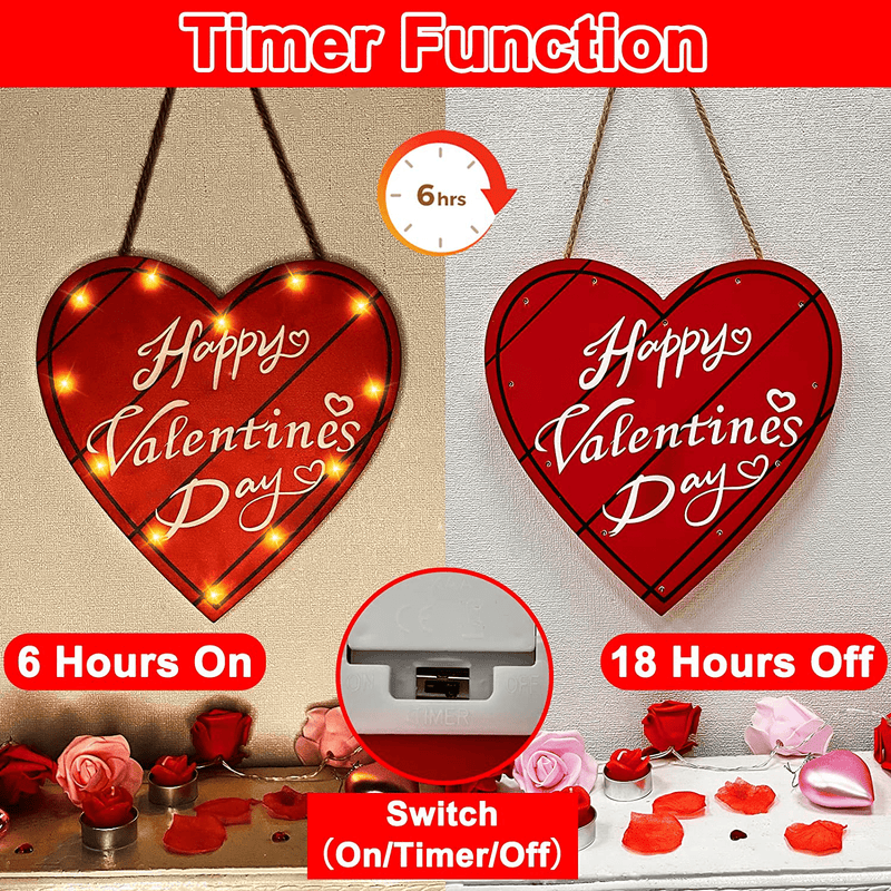 TURNMEON 12" Happy Valentine'S Day Heart Sign Wreath Lights Timer for Front Door Decor, Battery Operated Red Love Plaque Hanging Wooden Sign Valentines Decoration Home Outdoor Indoor Porch Window Wall