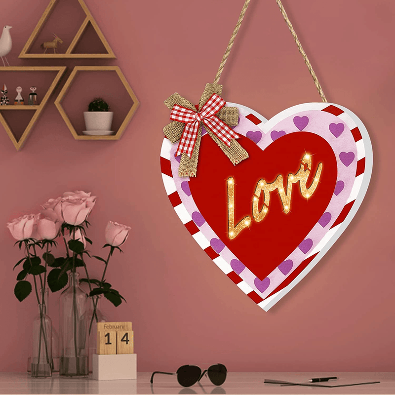 TURNMEON 12" Lighted Valentine'S Day Wreath for Front Door, Love Heart Sign Valentines Decorations with Timer Battery Operated Hanging Wooden Wreath Valentines Day Decor Home Outdoor Indoor Wall Porch