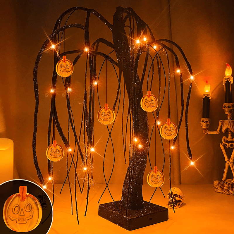 TURNMEON 18" LED Halloween Willow Tree Decor Glittered 24 Orange Lights Timer Battery Powered Jack-O-Lantern Pumpkins Ornaments Black Spooky Tabletop Tree Halloween Scary Decorations Indoor Home Party