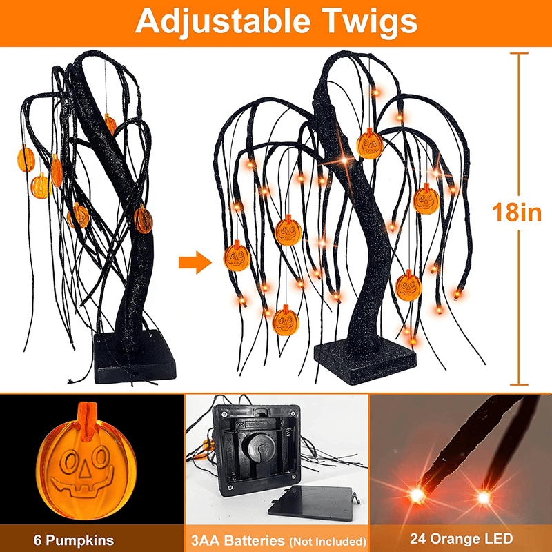 TURNMEON 18" LED Halloween Willow Tree Decor Glittered 24 Orange Lights Timer Battery Powered Jack-O-Lantern Pumpkins Ornaments Black Spooky Tabletop Tree Halloween Scary Decorations Indoor Home Party