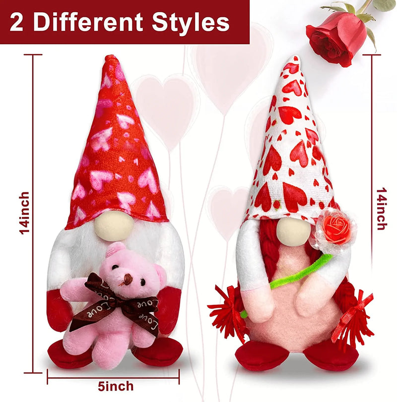 TURNMEON 2 Pcs Valentine'S Day Plush Gnomes Decorations, 14" Mr & Mrs Scandinavian Swedish Tomte Gnomes Doll Elf with Bear Rose Valentines Decorations Home Indoor Outdoor Table Ornament Gifts Present
