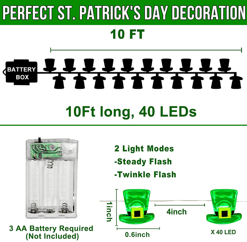 TURNMEON Leprechaun Hat String Lights St. Patrick'S Day Decorations 10 Ft 40 Led Green Fairy Lights Battery Operated St. Patrick'S Day Irish Decorations Indoor Outdoor Home Party Bedroom(Hat)