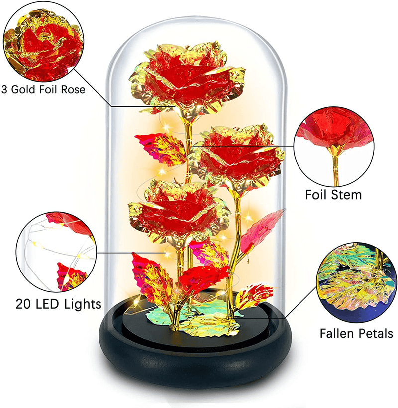 TURNMEON Rose Gift Valentines Gifts for Her, 3 Artificial Galaxy Forever Flowers Light up Roses in Glass Dome Birthday for Wife Girlfriend Mom Women Wedding(Red)