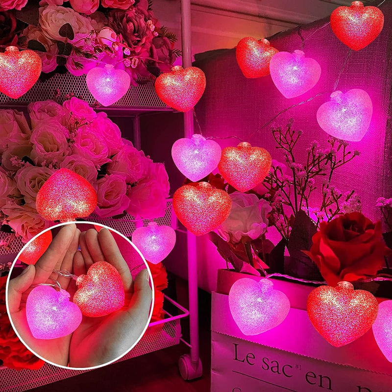 TURNMEON Valentine'S Day Glitter Heart Lights Decorations, 10 Ft 20 LED 3D Red Pink Hearts String Lights Battery Operated Valentines Day Decor for Indoor Outdoor Home Bedroom Party Wedding Anniversary