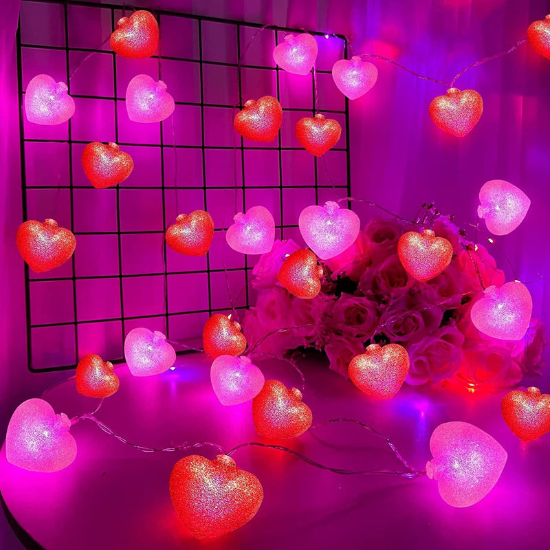 TURNMEON Valentine'S Day Glitter Heart Lights Decorations, 10 Ft 20 LED 3D Red Pink Hearts String Lights Battery Operated Valentines Day Decor for Indoor Outdoor Home Bedroom Party Wedding Anniversary