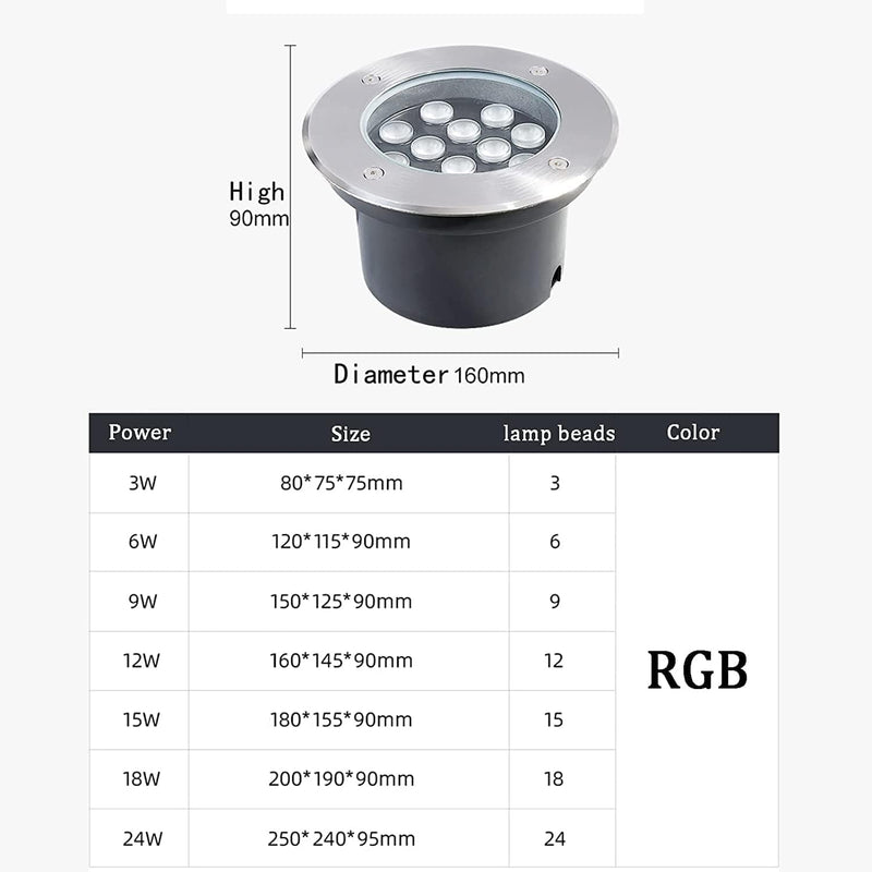 Tyfuture Outdoor Underground Light Underwater Bright Lamp Anti-Rust Aluminum Low Voltage 12/24V IP68 Waterproof Embedded Ground Lights for Pond Fountain Hotel (Color : RGB, Size : 9W-AC12V)