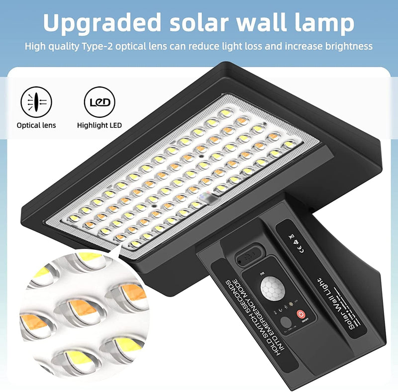 UCGG Solar Wall Light Outdoor, 650Lm IP65 Waterproof Type 2 Optical Lens 64 LED Dual Color Temperature 3-Mode Lighting Wall Light with Remote Control, PIR Motion Sensor and USB Charging
