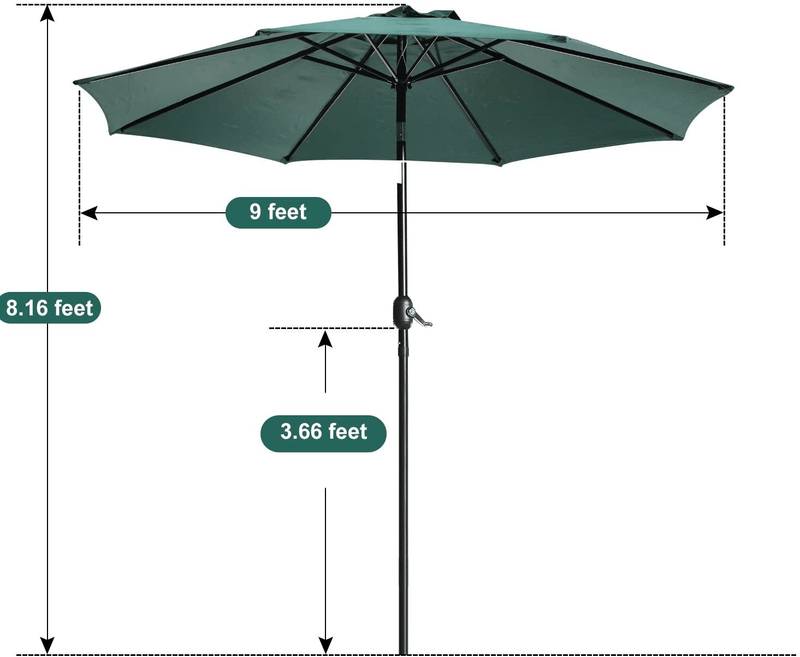 UHINOOS 9FT Patio Umbrella, Outdoor Umbrella with Crank and 8 Ribs, Polyester Aluminum Alloy Pole Tilt Button Outside Table Umbrella, Fade Resistant Water Proof Patio Table Umbrella (Green)