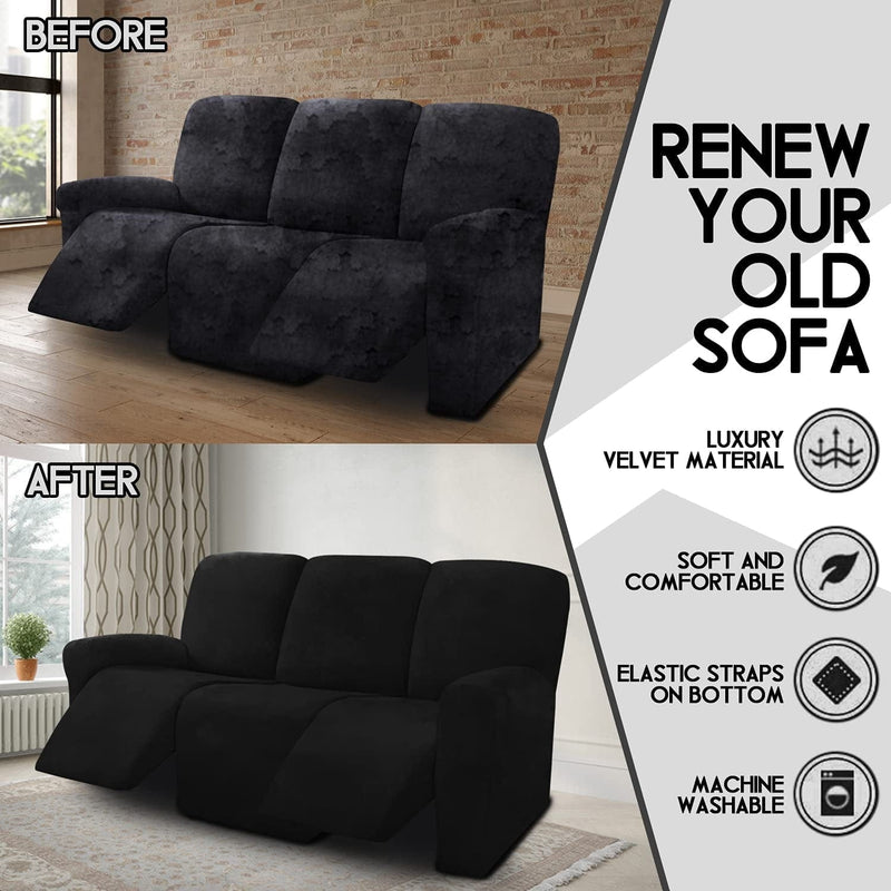 ULTICOR 8-Pieces Recliner Sofa Covers Velvet Stretch Reclining Couch Covers for 3 Cushion Reclining Sofa Slipcovers Furniture Covers Thick Soft Washable (Black)