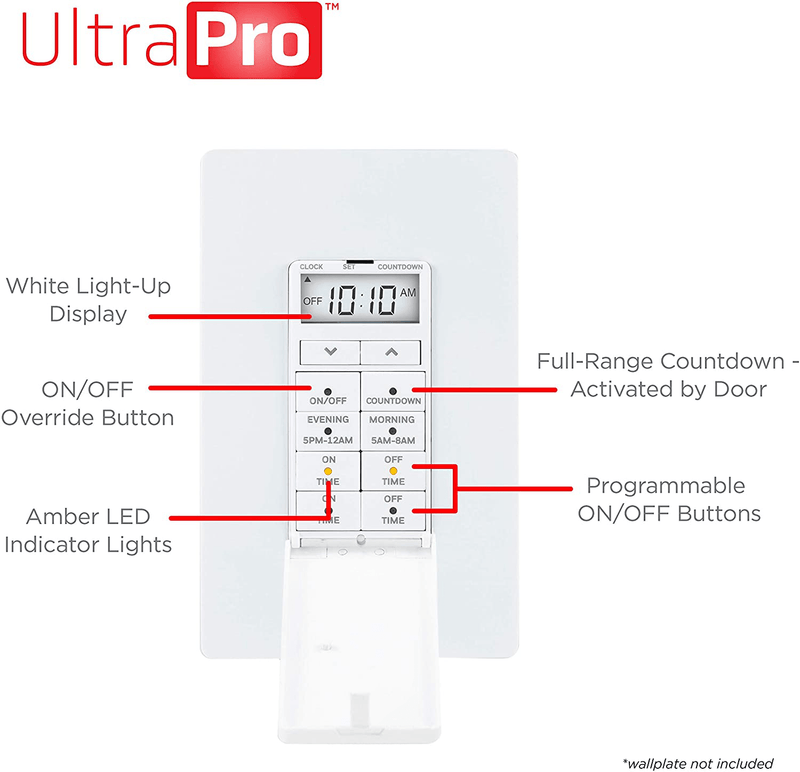 UltraPro 24-Hour Digital in-Wall, Easy-to-Program Timer, Daily presets, to-The-Minute Countdown, ON/Off Override Button, Automatic Lighting Schedule – 40955, 1 Pack, White