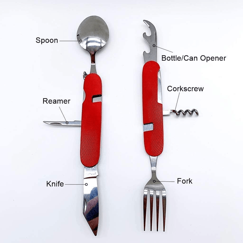 UNCLE JAKE 4 Set 6-In-1 Camping Utensil Stainless Steel Fork Knife Spoon Bottle Opener, Travel Cutlery Hobo Set with Both Hands