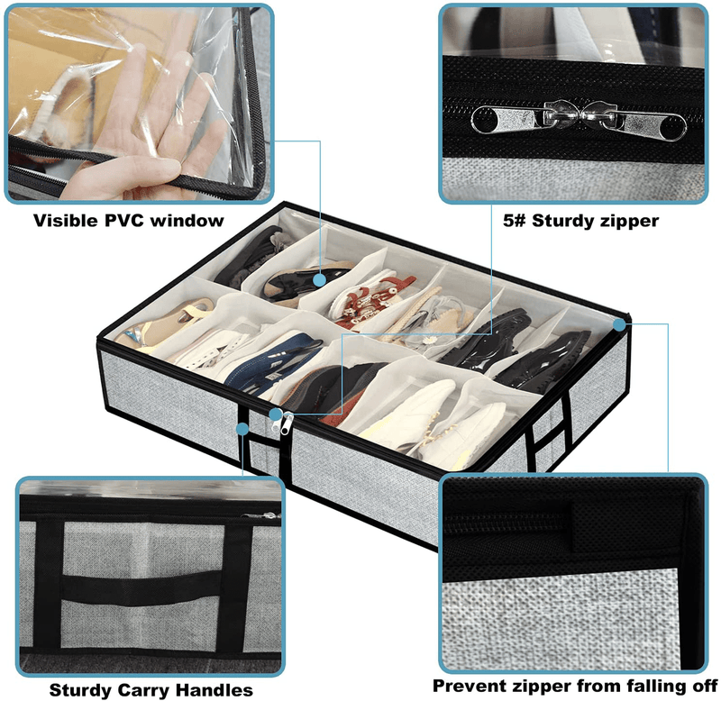 Under the Bed Shoe Organizer Fits 12 Pair Shoes and 4 Pair Boots- Underbed Shoe Container Solution Shoes Box Bins with Clear Window for Sneakers,High Heels,Flip Flop(White)