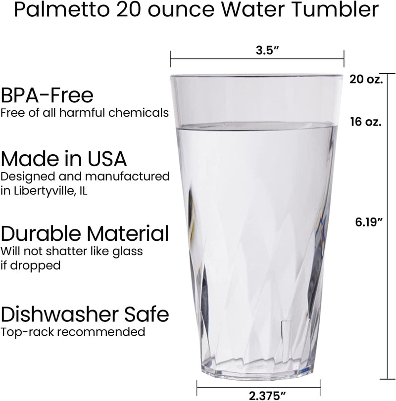 US Acrylic Palmetto 20 Ounce Plastic Stackable Water Tumblers in Clear | Value Set of 16 Drinking Cups | Reusable, Bpa-Free, Made in the USA, Top-Rack Dishwasher Safe