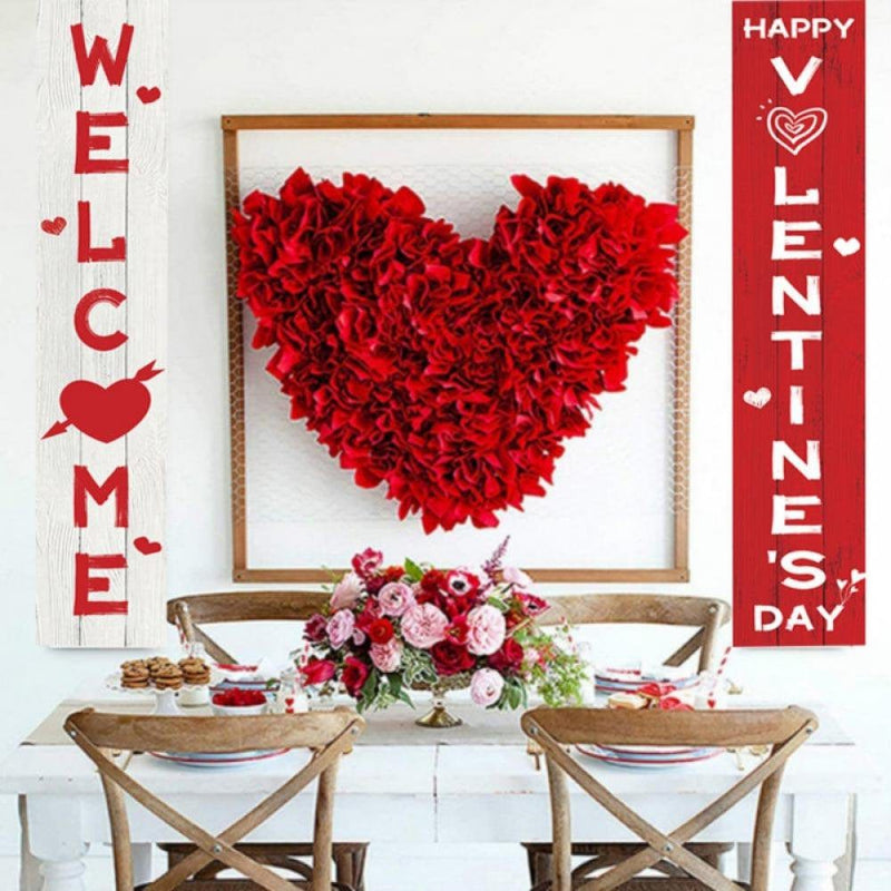 Valentine Porch Sign Valentines Day Decorations for the Home, Happy Valentines Day Banner Welcome Sign for Front Door, Modern Farmhouse Wall Decor Hanging Rustic Valentines Day Gifts for Him Her