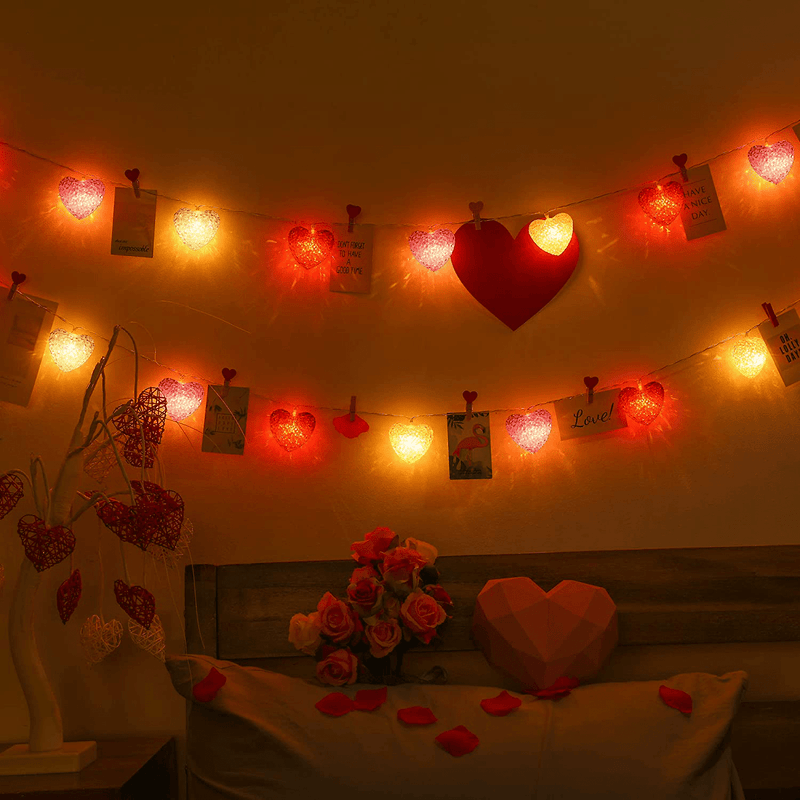 Valentine'S Day Decoration Heart Lights Heart Shape Leds String Lights with 8 Flicker Modes and Waterproof Battery Operated for Valentine'S Day Decor Indoor Outdoor (Red, Pink, White)