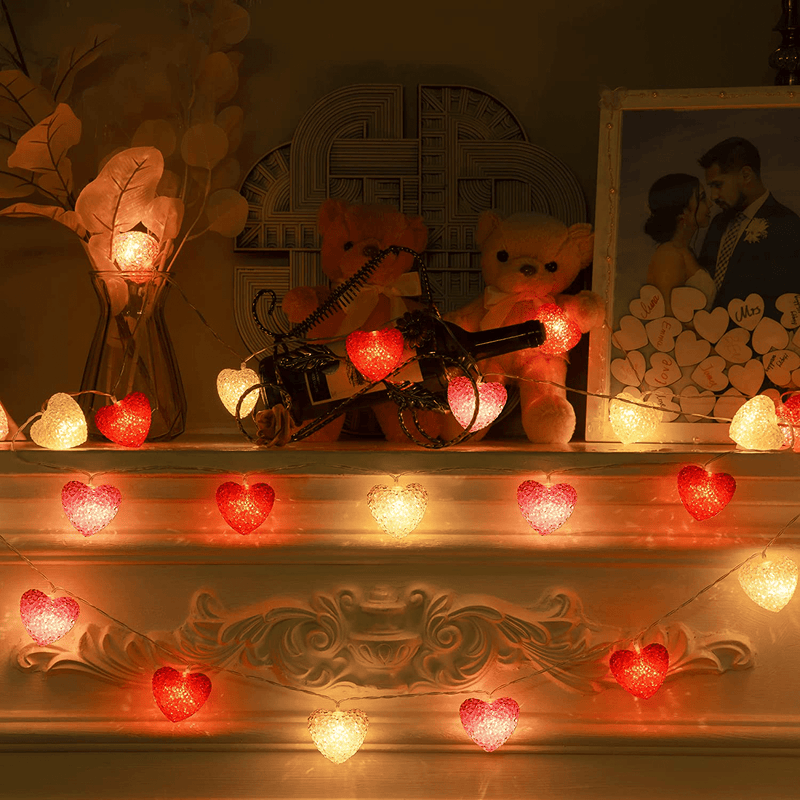 Valentine'S Day Decoration Heart Lights Heart Shape Leds String Lights with 8 Flicker Modes and Waterproof Battery Operated for Valentine'S Day Decor Indoor Outdoor (Red, Pink, White)