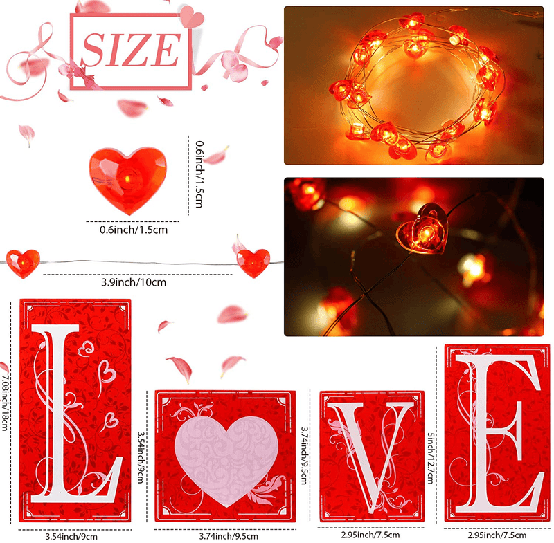 Valentine'S Day Love Decor Set Wooden Valentines Day Decor Sign Double Sided Printing Table Decorations with Red Heart Lights Valentines Day String Lights for Home Wall Table Party Decorations