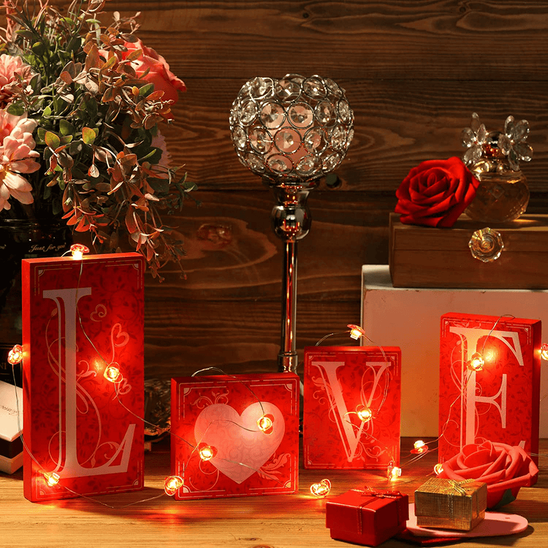 Valentine'S Day Love Decor Set Wooden Valentines Day Decor Sign Double Sided Printing Table Decorations with Red Heart Lights Valentines Day String Lights for Home Wall Table Party Decorations