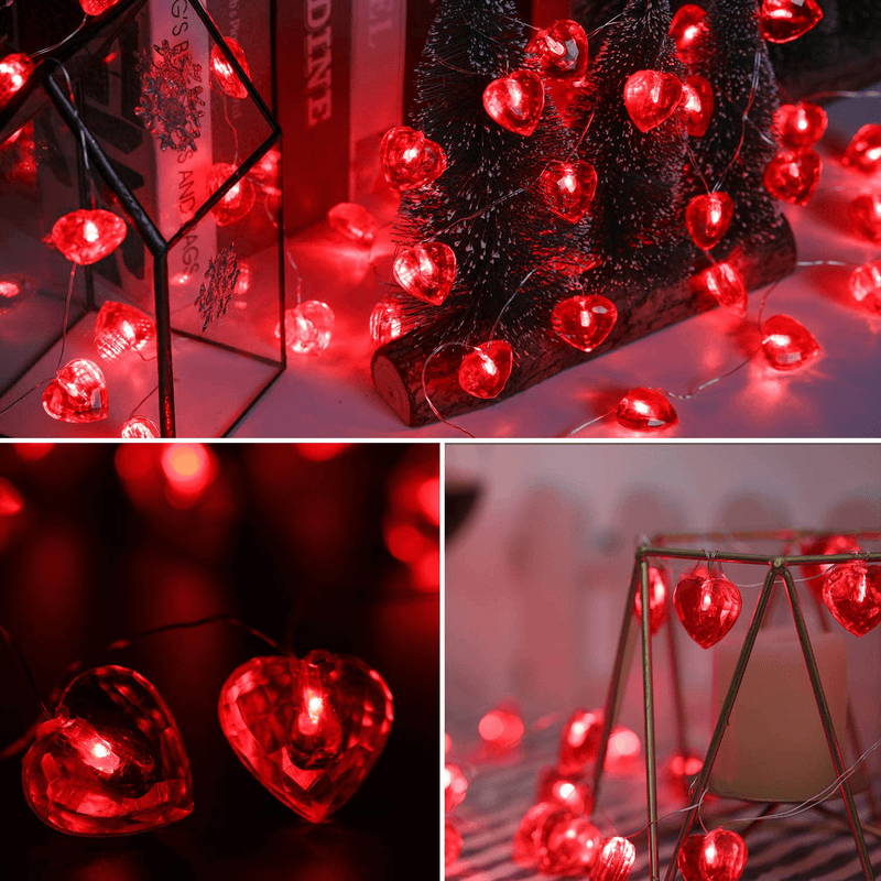 Valentines Day Decor, 50 LED Diamond Cut Red Heart Twinkle Fairy String Lights for Weddings Dating Proposals Mother’S Day Indoor Outdoor Home Decoration, 8 Lighting Modes with Timer