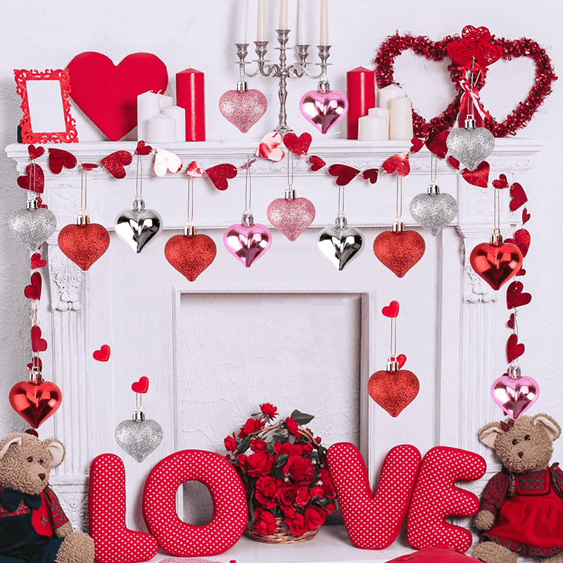 Valentines Day Decor Heart Shaped Ornaments, Valentines Heart Decorations for Romantic Valentines Day Wedding and Home Party Hanging Decorations 24 Pcs