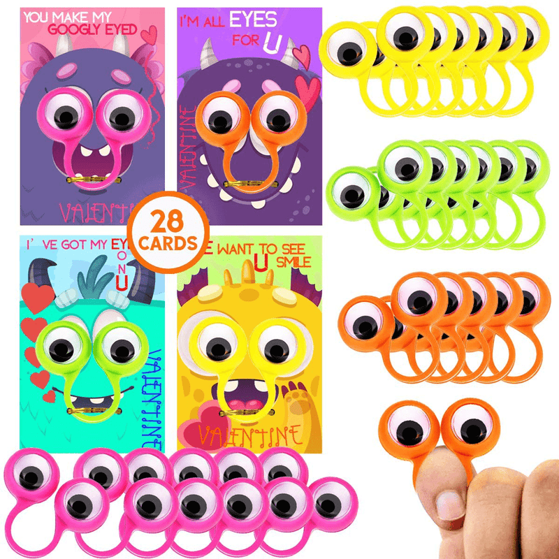 Valentines Day Gifts Cards for Kids, 28 Pack Valentine'S Greeting Cards with Funny Googly Eyes Finger Puppets Toy, Valentine School Classroom Prize Gifts Exchange, Party Favor Toy