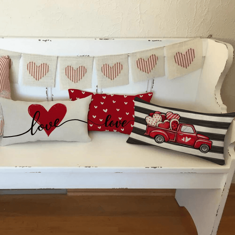 Valentines Day Pillow Cover 12X20 Inch Farmhouse Valentines Day Decor for Home Red Love Heart Valentine Pillows Decorative Throw Pillows Valentines Day Decorations A483-12