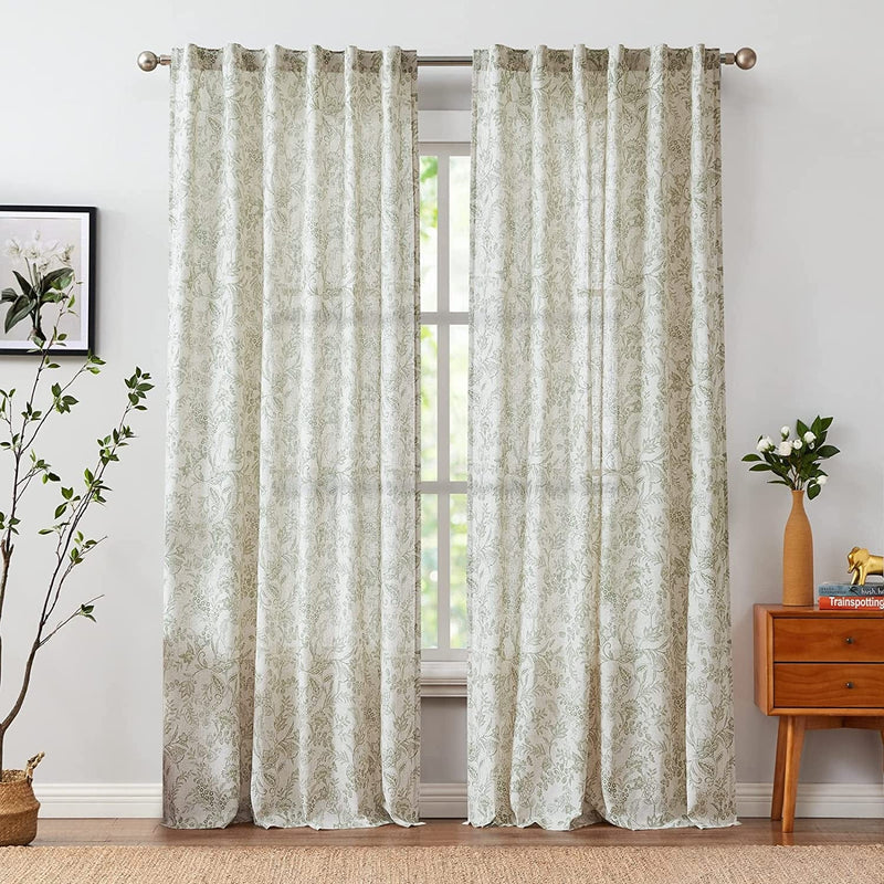 Vangao Farmhouse Linen Curtains 84 Inches Long for Living Room Bedroom Green Vintage Floral Printed on Beige Semi-Sheer Window Drapes Back Tab Rod Pocket 2 Panels