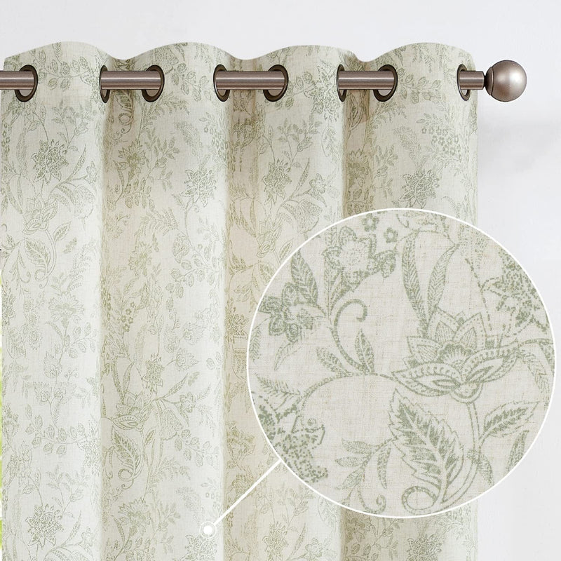 Vangao Farmhouse Linen Curtains 84 Inches Long for Living Room Bedroom Green Vintage Floral Printed on Beige Semi-Sheer Window Drapes Back Tab Rod Pocket 2 Panels